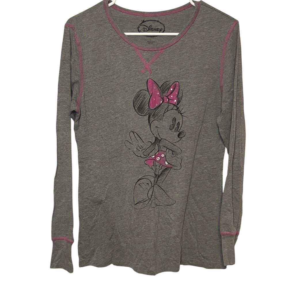 Disney Minnie Mouse Gray Pink Graphic Long Sleeve Top Womens Large